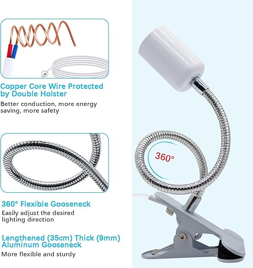 Clip on Lamp Holder, White Clamp Light Socket, Clip on Desk Lamp, E26 Book Clamp Light Fixture, 360° Flexible Gooseneck Lighting, E27 Bulb Holder with 7 Ft Plug and Switch, for Bedside