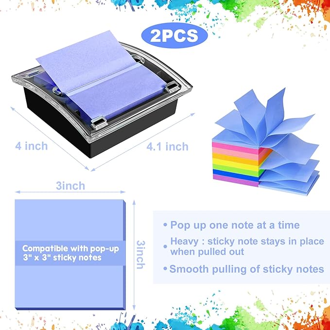 Pop Up Sticky Note Dispenser,3x3 Inches,Sticky Note Holder, Black Base,Sticky Note Dispenser for Office Home Classroom Desk Supplies (2 Packs)