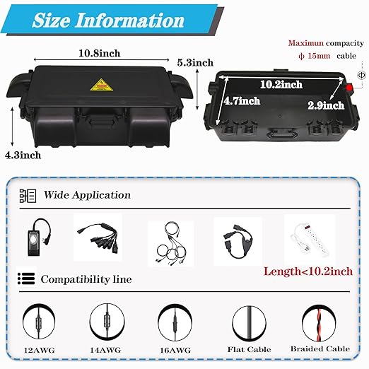 DIQIMIAQ Medium Outdoor Electrical Box(Inner 10.3 * 4.8 * 3.1inch), IP54 Waterproof Extension Cord Cover w/6 Cable Entry, Weatherproof Connection Box Protect for Plug,Connector (Black, 1PCS)