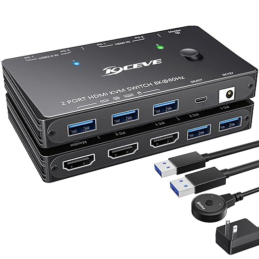 KCEVE HDMI2.1 KVM Switch 2 Computer 1 Monitor 8K@60Hz, KVM Switch HDMI 2 Port with 3 USB3.0, Wired Remote and Power Adapter (8K HDMI 2 in 1 Out KVM)