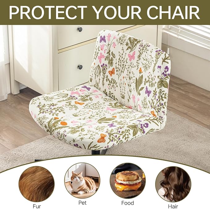 Armless Chair Slipcover Stretch Criss Cross Chair Cover, Mid Back Wide Seat Accent Chair Covers,Modern Vanity Chair Cover for Office Desk (Butterfly)