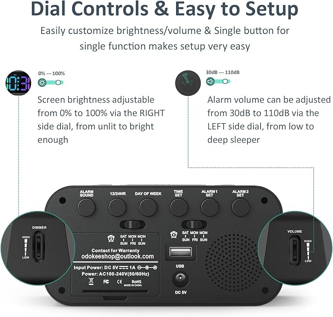 Odokee Digital Dual Alarm Clock for Bedroom: RGB Electric Clock with USB Charger for Kids Teens - Dimmable Clock with Weekday Weekend Mode for Bedside Desk