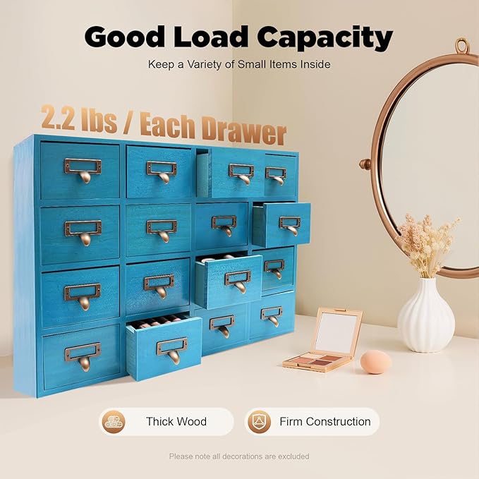 16-Drawer Wooden Desk Organizer Storage Box with Label Holders Vintage Wood Desktop Organizer, Desk Drawer Unit Collectors Box for Living Rooms, Bedrooms, Offices (Blue, 1PC, 16 Drawers)