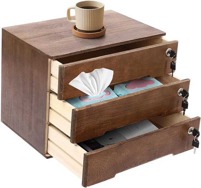 Wooden Desk Organizer with Drawers & Lock, Desktop Countertop Storage Cabinet Lockable Home Office Supplies File Tabletop Organizing Unit (3 Drawer - Retro Walnut)