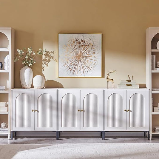 IFGET Modern Buffet Cabinet with Storage, 92.63" W Fluted Arched Sideboard Cabinet w/Adjustable Shelves, Wooden Modular Coffee Bar for Dining Room, Kitchen, Living Room, Entryway, White