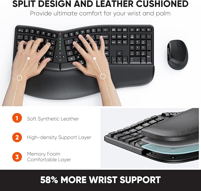 MEETION Ergonomic Keyboard and Mouse, Wireless Keyboard with Vertical Mouse, Split Curved Keyboard with Wrist Rest, Natural Typing USB Receiver Rechargeable Full Size, Windows/Mac/PC/Laptop, Large