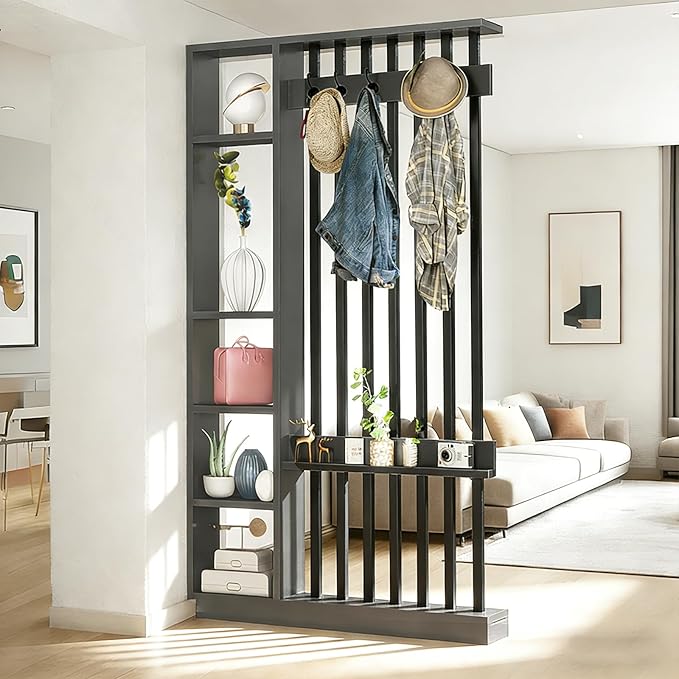Wall Room Divider - Freestanding Wood Room Divider with Shelves and Coat Rack, Wall Divider with Storage Cabinet and Display Shelf, Freestanding Decor for Bedroom, Office