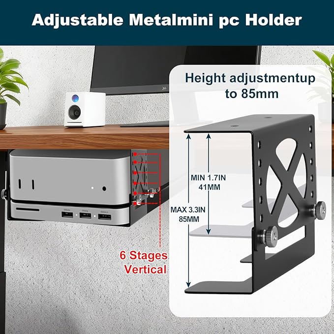 Adjustable Under Desk Mini PC Mount, 6-Level Height (1.7" to 3.3"), Width Adjustable Metal CPU Holder for Mac mini M4, Small PCs, Universal Adjustable Mount, Space Saving