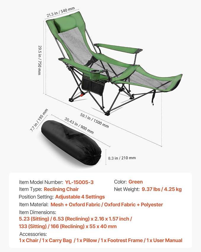 VEVOR 2-in-1 Reclining Camping Chair with Footrest for Adults, 4 Adjustable Positions, Portable Folding Lounger, Lightweight Mesh Beach Chair Supports 220lbs, Heavy Duty Camp Chairs Outdoor, Green