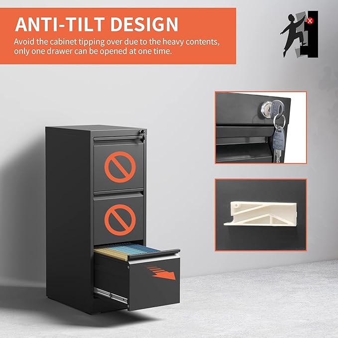 IKIMI 3 Drawer File Cabinet,Metal Filing Cabinets for Home Office,Vertical File Cabinet with Lock,Heavy Duty Metal Storage Cabinet for A4/Letter/Legal Size Files,Assembly Required