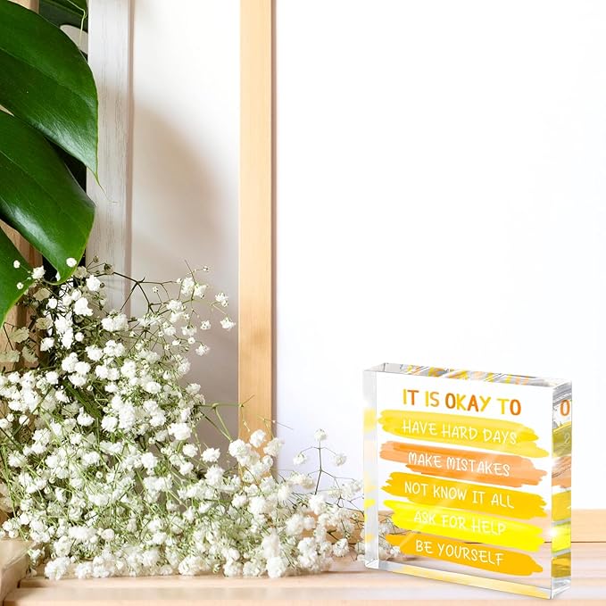 Mental Health Office Decor - Yellow 4 Inch Acrylic Tabletop Sign, Inspirational Desk Accessories for Workplace Wellness, Motivational Quote for Therapy Office & Home Desk