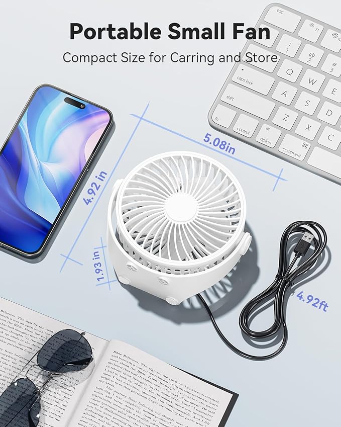 Edvision USB Desk Fan, 5 Inch Mini Portable, 3 Speeds Strong Airflow Personal Desktop, Detachable Cooling Fan 360° Rotation Quiet Small Fan for Desk Home Office Travel Car, White, 5ft Cable
