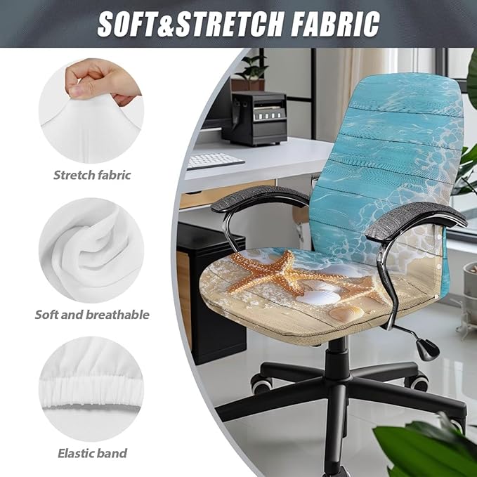 Talayituse Beach Starfish Seashell Wood Print Office Chair Covers, Stretch Computer Chair Cover, Universal Boss Chair Covers Modern Simplism Style High Back Chair Slipcover, Small
