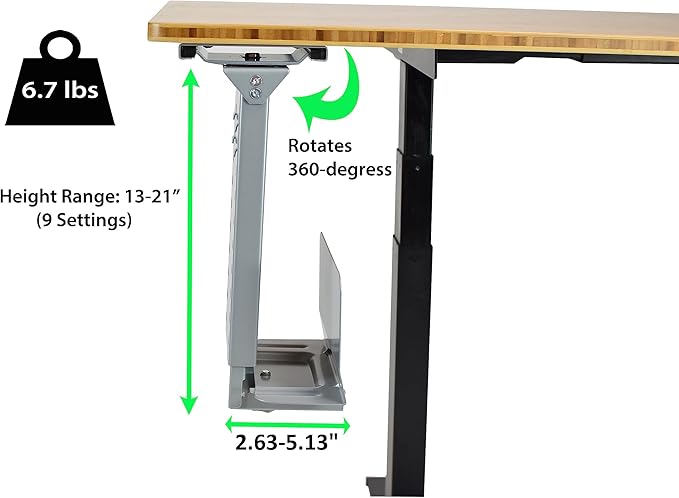 Uncaged Ergonomics CPU1 Adjustable Under Desk Computer Mount, 360⁰ Swivel Steel CPU Holder PC Holder Under Desk Mount PC Tower Stand for Office