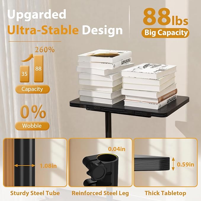TV Tray Table, Adjustable C Shaped Side Table for Couch, 360°Swivel Couch Side Table C Table That Slide Under Couch Desk for Small Space Sofa Bed Snack Living Room Bedroom (Black)