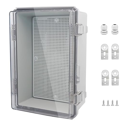 IP67 Waterproof Junction Box, ABS Plastic Electrical Enclosure with Stainless Steel Latch, Hinged Cover Electric Box with Mounting Plate, Wall Brackets & Cable Glands 300x200x130