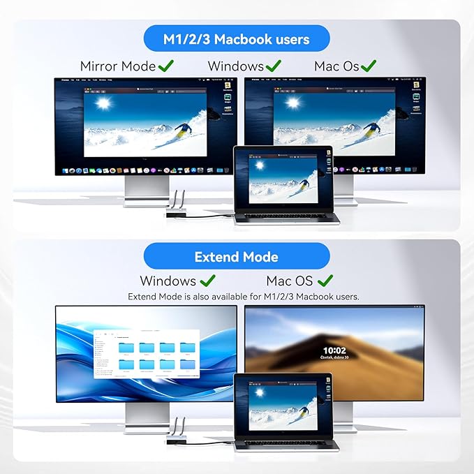 ACASIS USB C to Dual HDMI DisplayLink Adapter, 4K@60Hz, 2 HDMI & 3 USB-A Ports, 100W PD Charging, USB C DisplayLink Docking Station for Mac M1/M2/M3/Windows, USB A/C to Dual Monitor Adapter, Silver