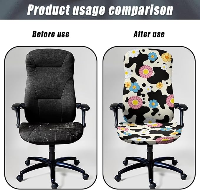 Talayituse Cow Daisy Print Computer Office Chair Covers, Soft Fit Universal Desk Rotating Chair Slipcovers, Removable Washable Anti-Dust Spandex Chair Protector Cover, L