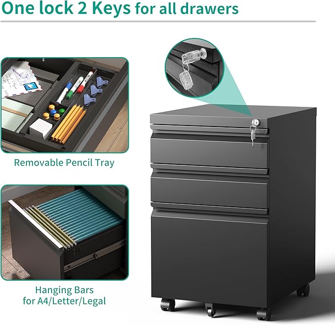 3 Drawer File Cabinet, Vertical File Cabinets with Lock for Home Office,Heavy Duty Office Steel Filing Cabinet for Hanging Letters/Legal/A4, Assembly Required (Black)