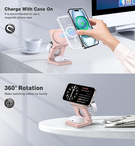 3 in 1 Wireless Charging Station for Apple Multple Devices - Foldable Magnetic Wireless Charger Dock -Travel 18W Charging Pad for iPhone 16 15 14 13 12 Pro/Pro Max/Plus/Watch & Airpods All Series Red