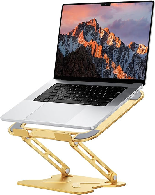 JCZT Adjustable Laptop Stand for Desk, Metal Foldable Laptop Riser, Portable Laptop Holder Mount, Ventilated Cooling Computer Notebook Stand for MacBook Air Pro, All 10-16'' Notebooks Laptops, Gold