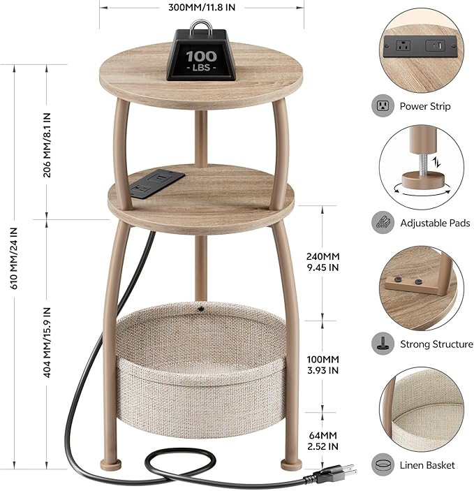 Side Table with Charging Station, Small Round End Table with Basket, USB Port and Outlet, 3 Tiers Sofa Couch Table Bedside Table for Living Room Bedroom, Small Spaces, 11.81in Light Oak