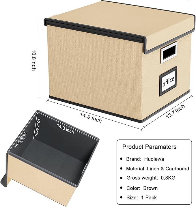 File Organizer Box with Lid, Collapsible File Folder Organizer for Office Document Storage, Filing Box with Plastic Slide for Letter Size Hanging File Folders(1 Pack, Brown)