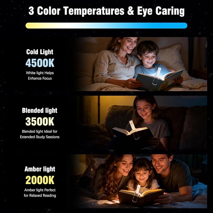 12 Pack Reading Light,Rechargeable Book Light for Reading in Bed, Eye Caring 3 Color Temperatures,Compact Size Clip on Book Lamp for Book Lovers Kids Adults（Multicolor）