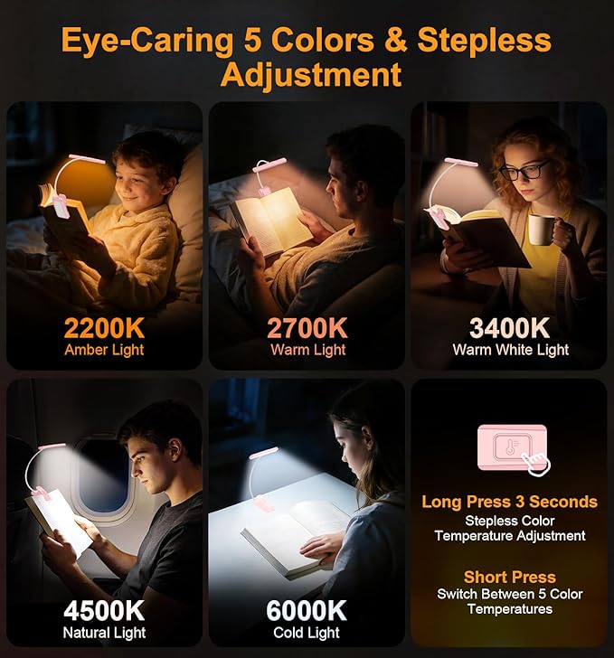 Gritin 2026 Gen 2 Book Light for Reading- 32 Eye Caring Full Spectrum LED, 5 Colors & 5 Brightness, Adjustable Wide/Narrow Beam, Upgrade 1500mAh Long-Lasting Clip on Light for Book Lovers-Pink