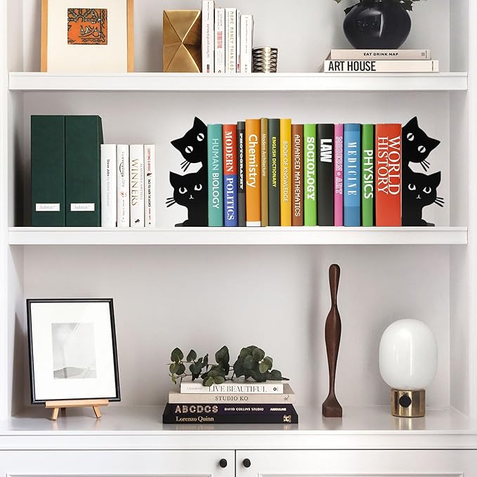 Peeping Cat Bookends for Shelves Decorative, Metal Book Ends for Heavy Books Book Stopper for Office Home Cute Desk Bookshelf Decor Cat Lover Gifts for Women (Black)