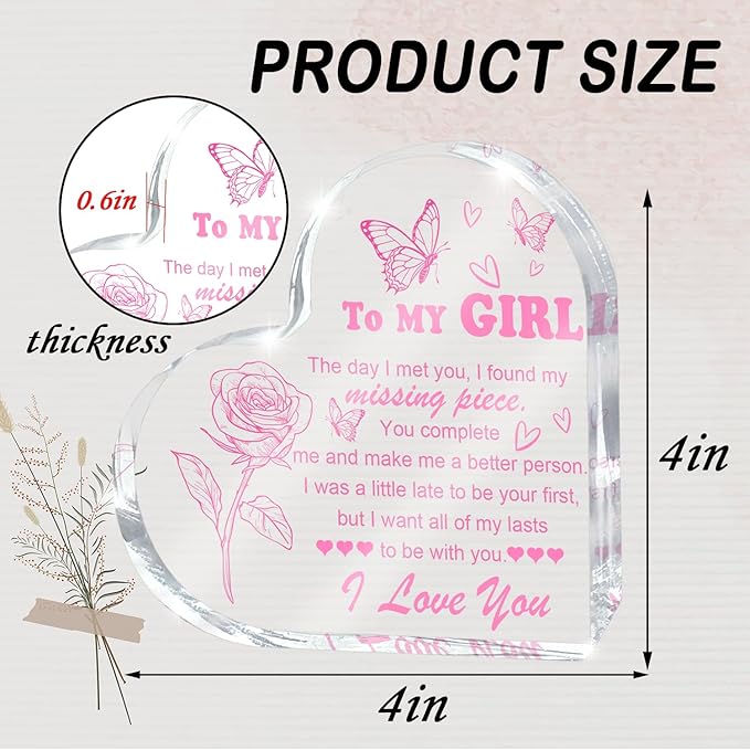 Love Heart Shaped Acrylic for Women, Pink Romantic "For My Girl" Decorative Gift, Anniversary Valentine's Day Gift, Couple Desk Decoration, Valentines Day Office Desk Accessories Decoration 4x4 Inch