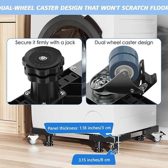 Mini Fridge Stand with 4 Locking Twin Wheels Washing Machine Stand Base 4 Strong Feet Adjustable Universal Mobile Roller Base for Furniture Portable Refrigerator Dryer Stand 45-65 cm(Black, 440LB)