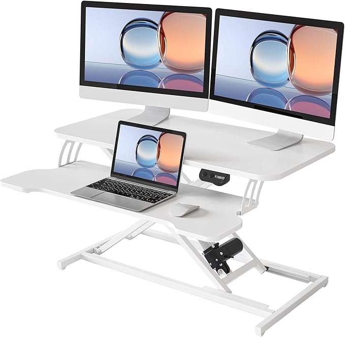 YIHAYO Electric Standing Desk Converter 32 inch, Sit to Stand Up Height Adjustable Desk Riser, Quick Sit to Stand Tabletop Dual Monitor Riser Workstation for Home Office with Keyboard Tray, White