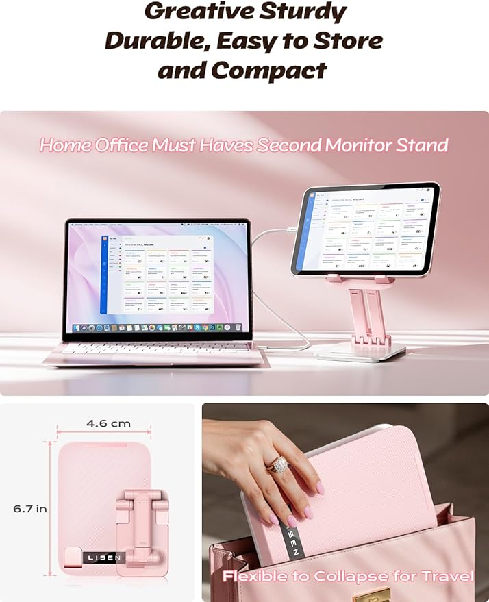LISEN Pink Desk Accessories for iPad Office Supplies Desk Decor for Moms Women Mother Gifts for Him Tablet Stand Vanity Accessories Video Face Time Free Hands for ipad Switch Kindle