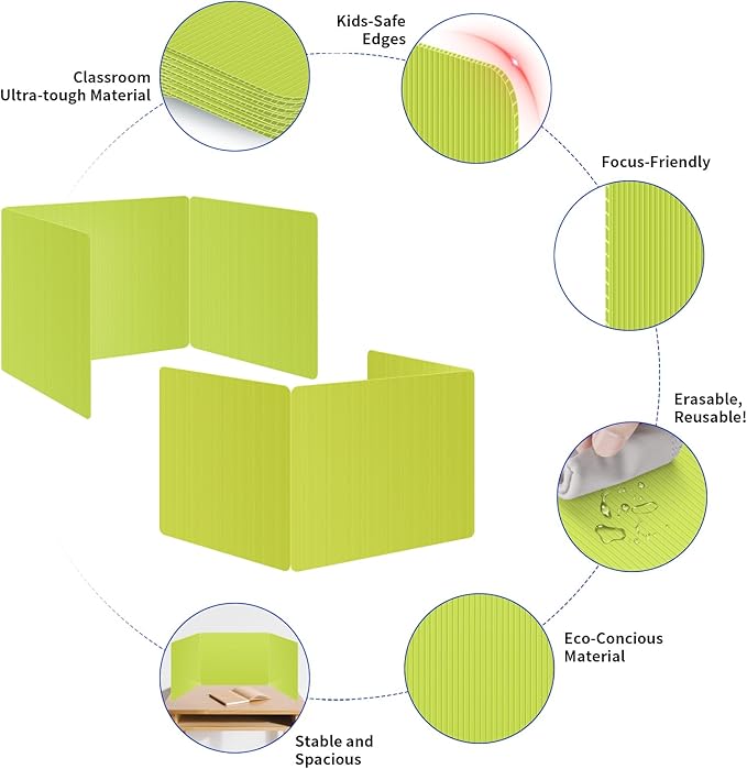 6 Pack Fluorescent Green Desk Dividers for Students, Privacy Shields Folder for Students, Durable & Waterproof Plastic Study Board, Classroom Teacher Supplies Test Divider, Includes Extra Labels