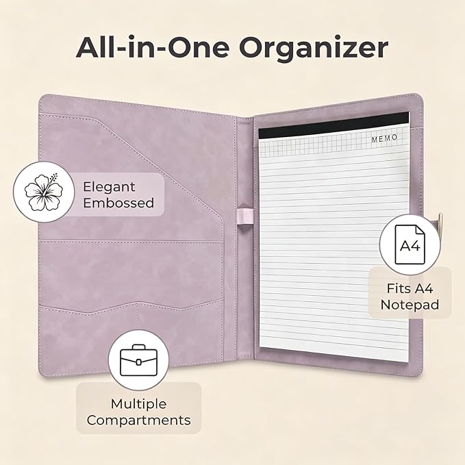 Portfolio Padfolio Binder, Faux Leather Professional Document Organizer with Business Card Holder, Letter-Sized Notepad Legal Pad Holder, Durable Executive Folder for Interviews, Meeting (Purple)