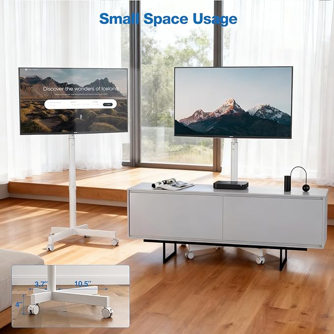 Mobile TV Cart, Floor TV Stand for 13-55 inch TVs with -10°/+15° Tilt Mount Holds up to 77 lbs, Height Adjustable Portable TV Stand for Flat/Curved Screens Max VESA 400x400mm, White