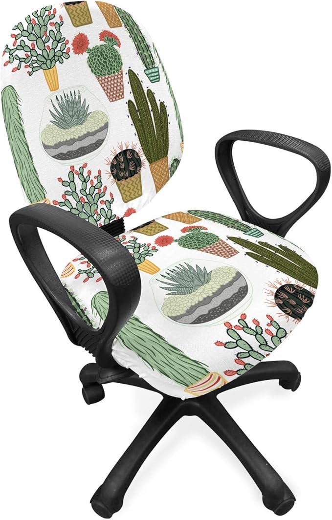 Ambesonne Cactus Office Chair Slipcover, Pattern with Succulent Plants and Cactuses in Pots Botanical Floral Mexican Garden, Protective Stretch Decorative Fabric Cover, Standard Size, Fern Green