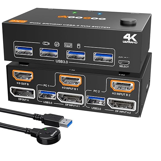 KVM Switch 2 Monitors 2 Computers 4K@60Hz,DP+HDMI USB3.0 Dual Monitor KVM Switches with 4 USB 3.0 Port,Wired Remote,USB3.0 Cables Included(4K60Hz 2 PC 2 Monitor KVM)