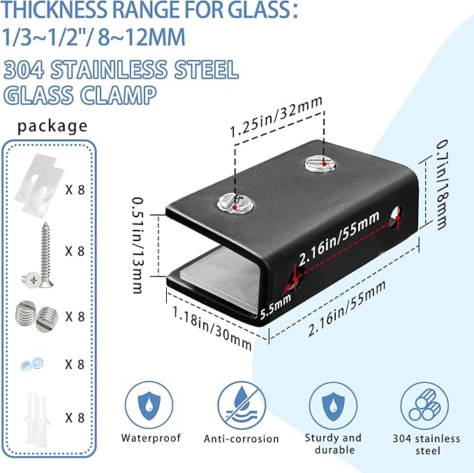 2Pcs 304 Stainless Steel Glass Shelf Clip Clamp Bracket Support Matte Black Adjustable Glass Clip Shelf Brackets Holder Support 0.3" to 0.5"/ 8 to 12mm Thick