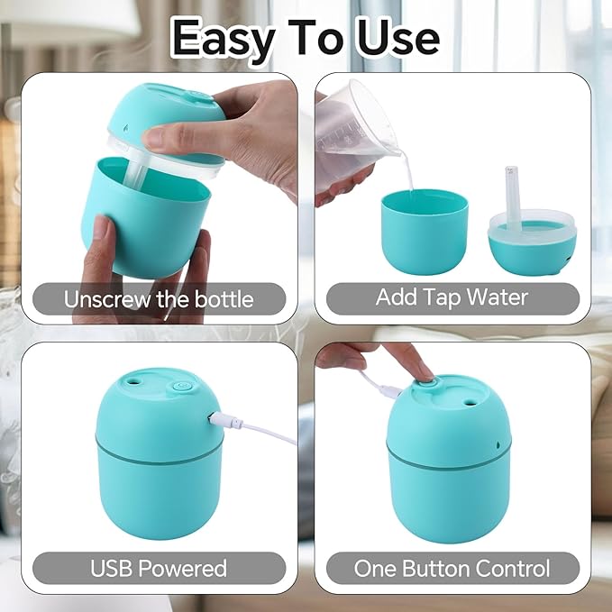 Hortsun 6 Pcs Portable Small Humidifier USB Personal Desktop 220 ml Mini Humidifier for Bedroom Plants Car Office Room Home Travel (White,Pink,Green)