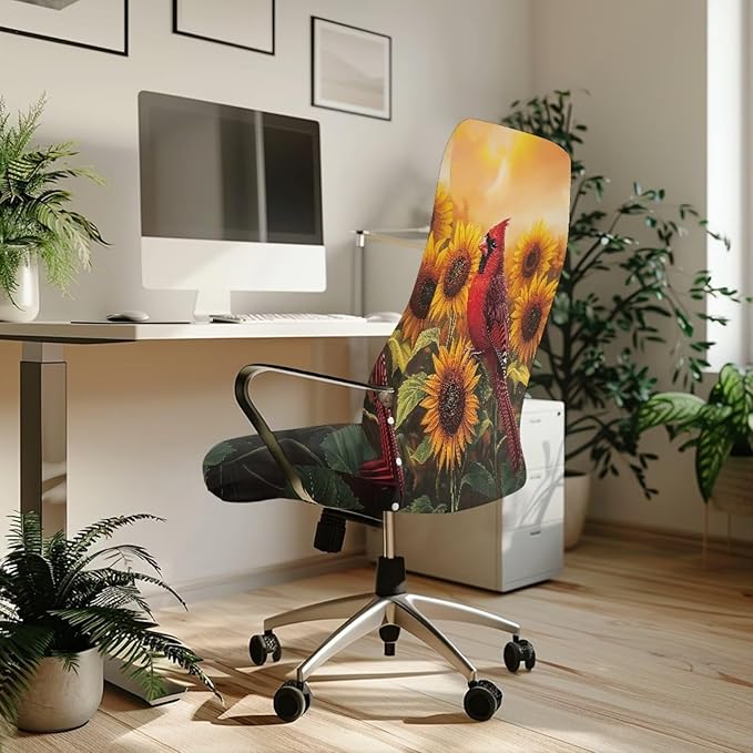 Talayituse Cardinal Sunflower Print Office Chair Covers, Stretch Computer Chair Cover, Universal Boss Chair Covers Modern Simplism Style High Back Chair Slipcover, Large