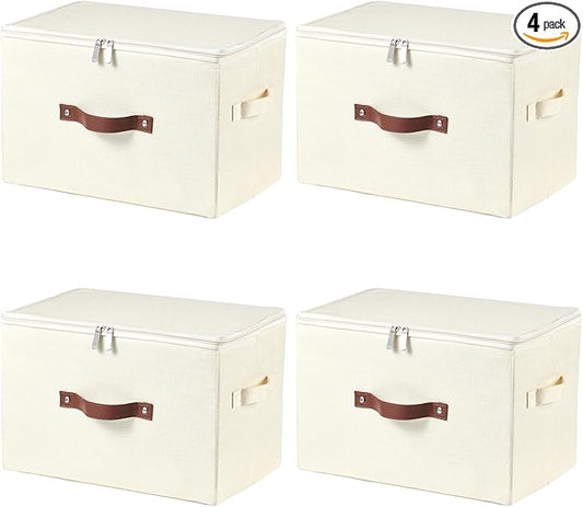 4 Pack Storage Bins with Zipper Lid Cotton Linen Fabric Lidded Storage Baskets Boxes Foldable Washable Closet Shelf Clothes Organizer Container with PU Leather Handles (Beige, Large)