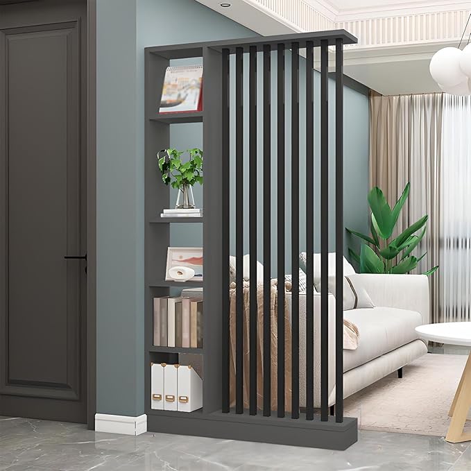 Room Divider with Shelves, Entrance Hall Partition Screen Column Floor to Ceiling - Freestanding Room Divider with Storage Shelf, Freestanding Decor for Bedroom (A Gray + Black, 47.2in / 120cm)