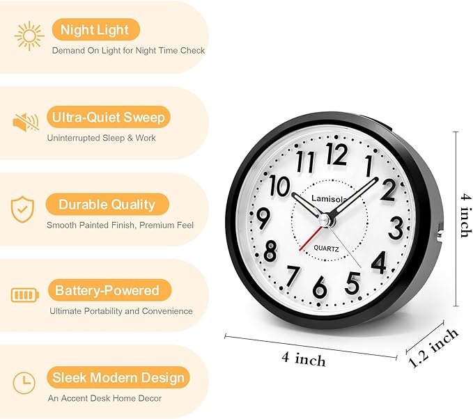 Lamisola Small Desk Clock, Battery Operated Travel Clock, Compact Analog Alarm Clock for Bedroom Home Office Bathroom Kitchen, Silent Large Display- Black