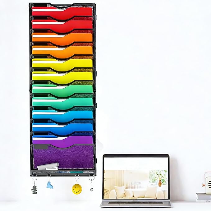 Gawerk Hanging Wall File Organizer with 5 Hooks - Wall Mounted Mail Paper Document Folder Holder, Sturdy Mesh Magazine Rack for Office Home (12+1 Tier)