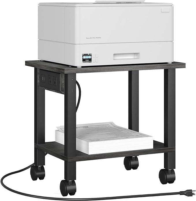 TUTOTAK 2 Tier Printer Stand, Rolling Printer Cart with Power Outlets and USB Ports, Mobile Printer Table with Wheels, for Under Desk, Office, Home, Charcoal Grey PS01BY001