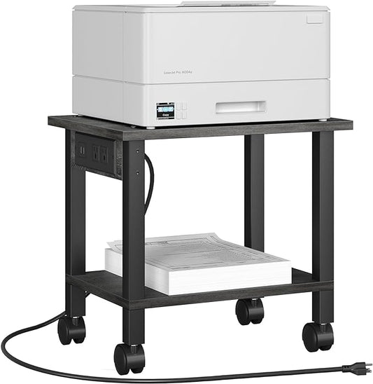 TUTOTAK 2 Tier Printer Stand, Rolling Printer Cart with Power Outlets and USB Ports, Mobile Printer Table with Wheels, for Under Desk, Office, Home, Charcoal Grey PS01BY001