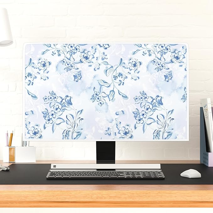 Blue Floral Waterproof Screen TV Cover 75 Inch Decorative Botanical TV Screen Covers Dust-Proof Protective for LED LCD OLED TVs During House Moving, Storing, or Home Renovation