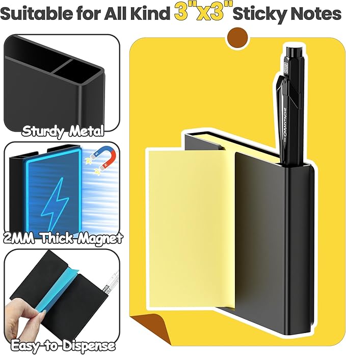 4Pcs Sticky Note Dispenser, Magnetic Sticky Note Holder for Post It Notes, 3 x 3 Inch Sticky Note Pen Organizer for Office Home Classroom, Black